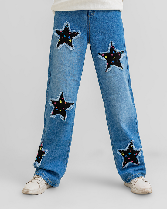 Star Cut Wide Leg Denim Girls Jeans
