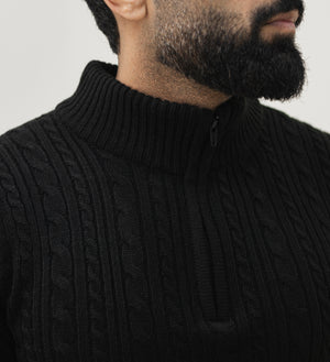 VOGUETELLA Men's Zipper Cable Knit Sweater Black