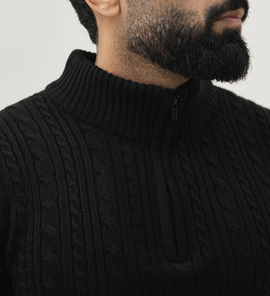 VOGUETELLA Men's Zipper Cable Knit Sweater Black