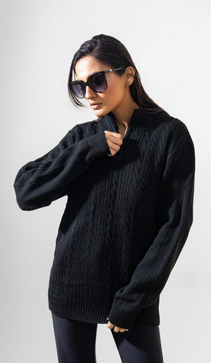 VOGUETELLA Men's Zipper Cable Knit Sweater Black
