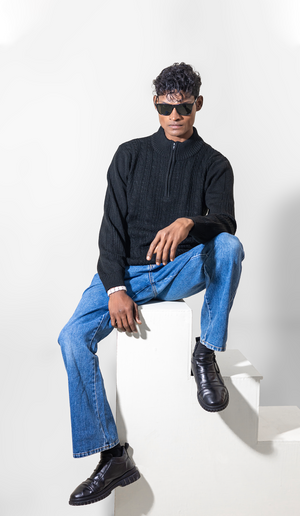 VOGUETELLA Men's Zipper Cable Knit Sweater Black