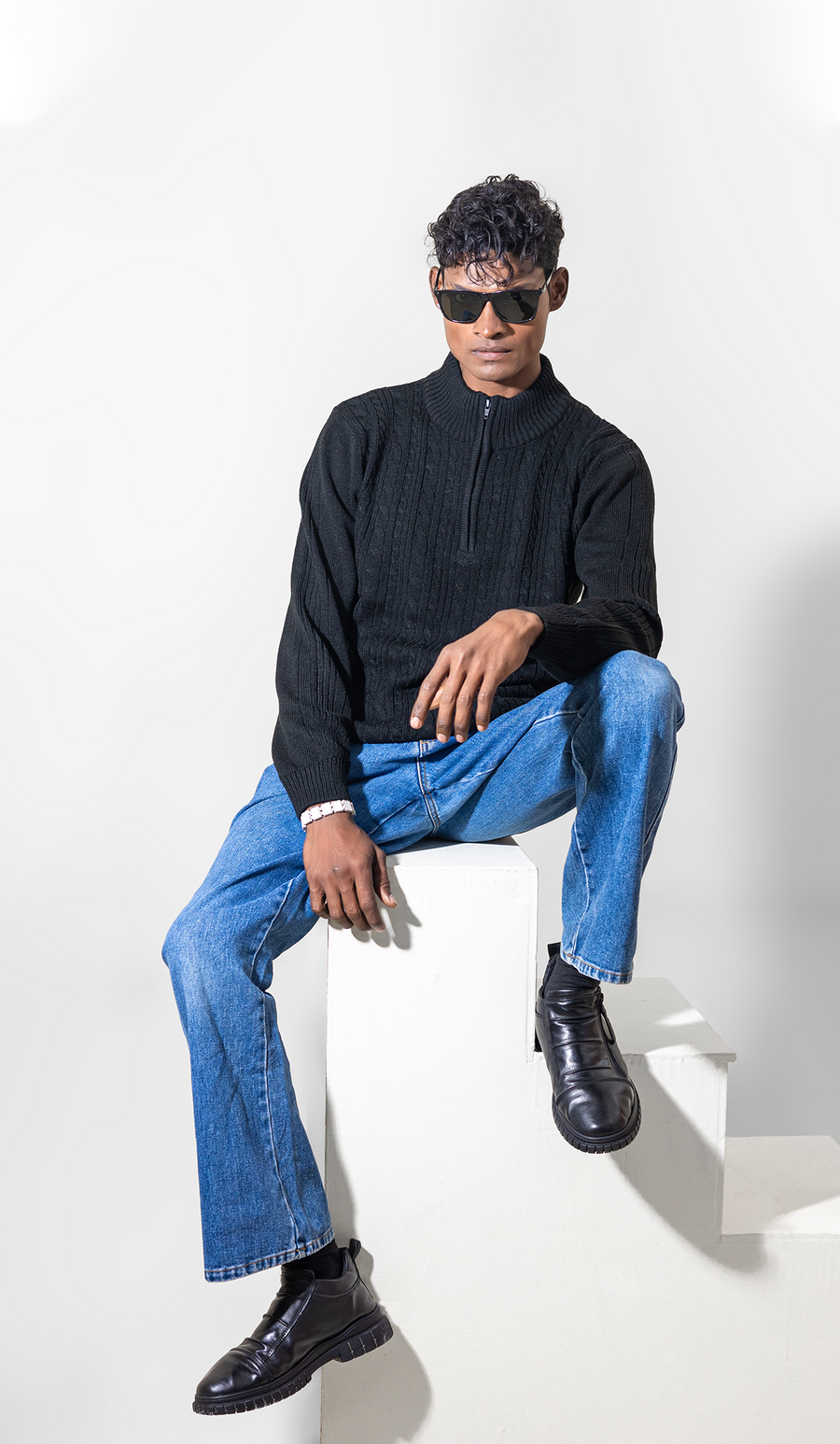 VOGUETELLA Men's Zipper Cable Knit Sweater Black