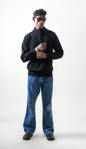 VOGUETELLA Men's Zipper Cable Knit Sweater Black