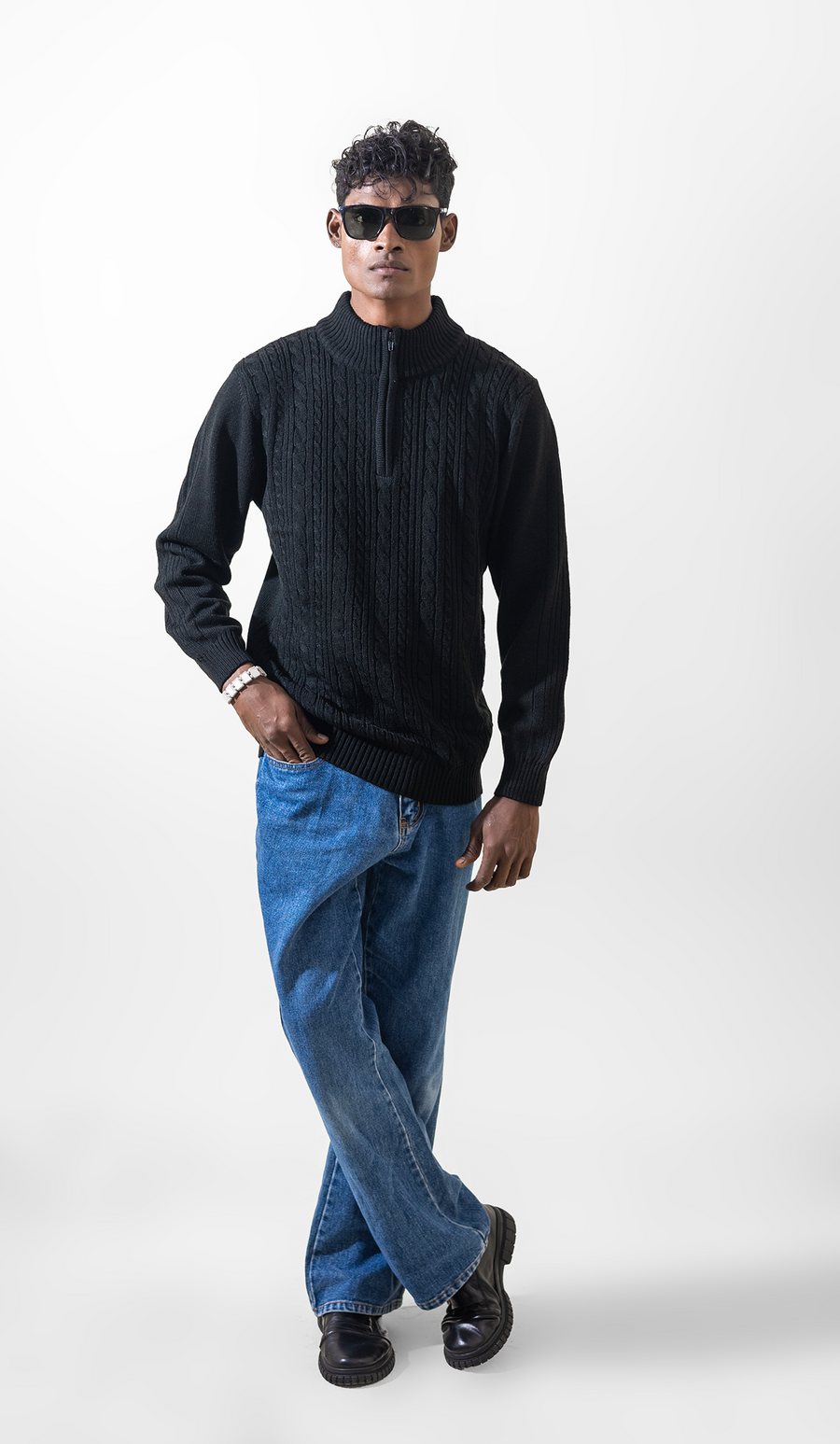 VOGUETELLA Men's Zipper Cable Knit Sweater Black