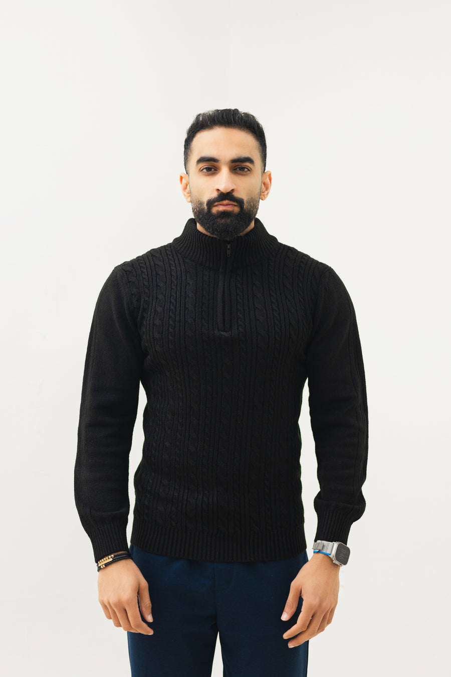 VOGUETELLA Men's Zipper Cable Knit Sweater Black
